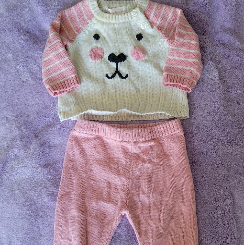 Cherokee Baby girl size 3M Knit Sweater & pants Set Bear White Pink